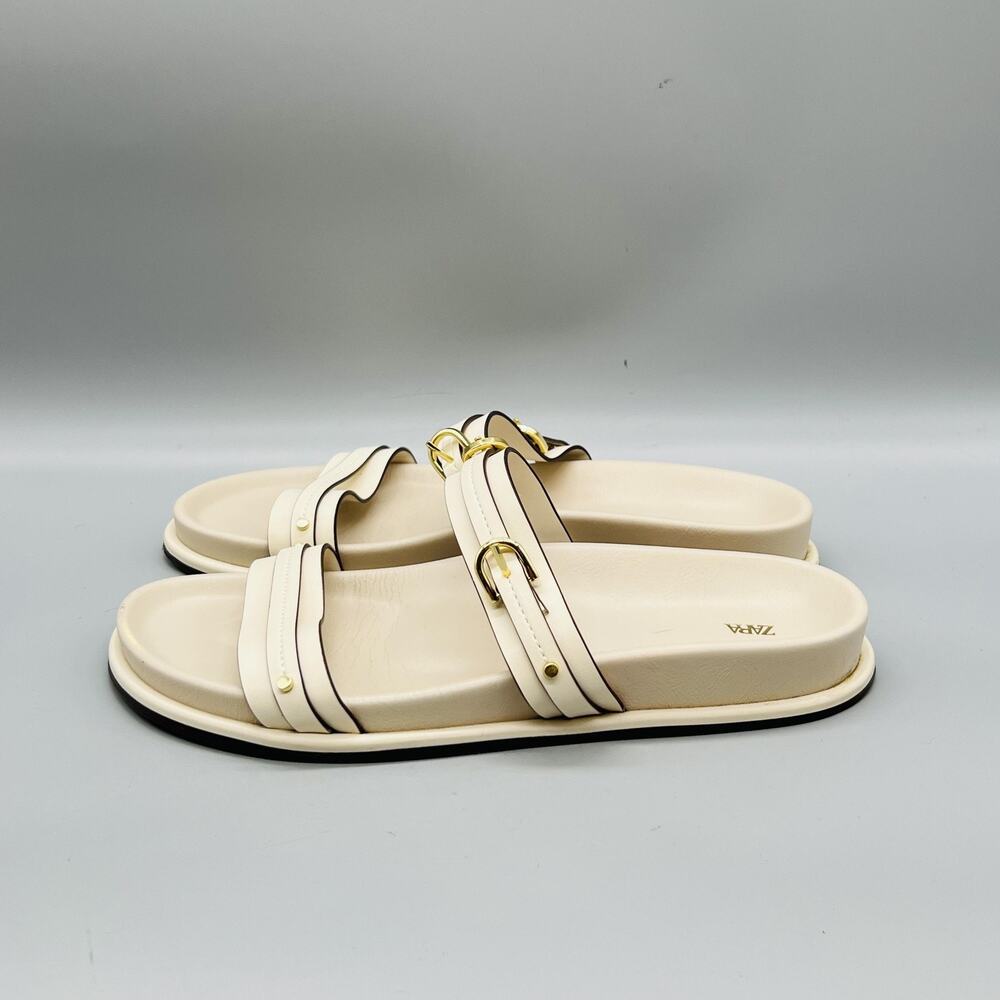 Zara Sandals Womens 8 White Faux Leather Strappy Buckle Slide Flat Shoes Comfort - Picture 4 of 11